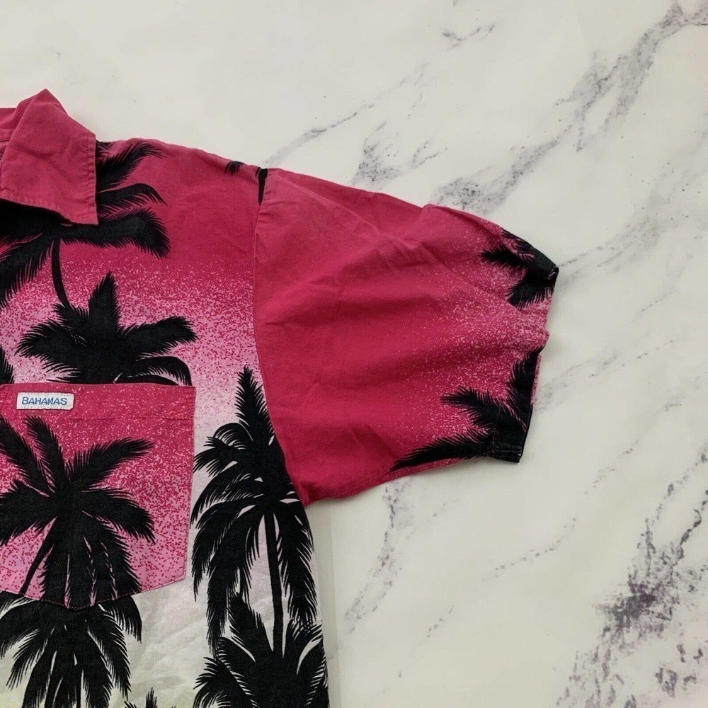 Mens Vintage Hawaiian Aloha Shirt Size M Pink Black Palms Bahamas Tropical Tiki - Picture 3 of 11